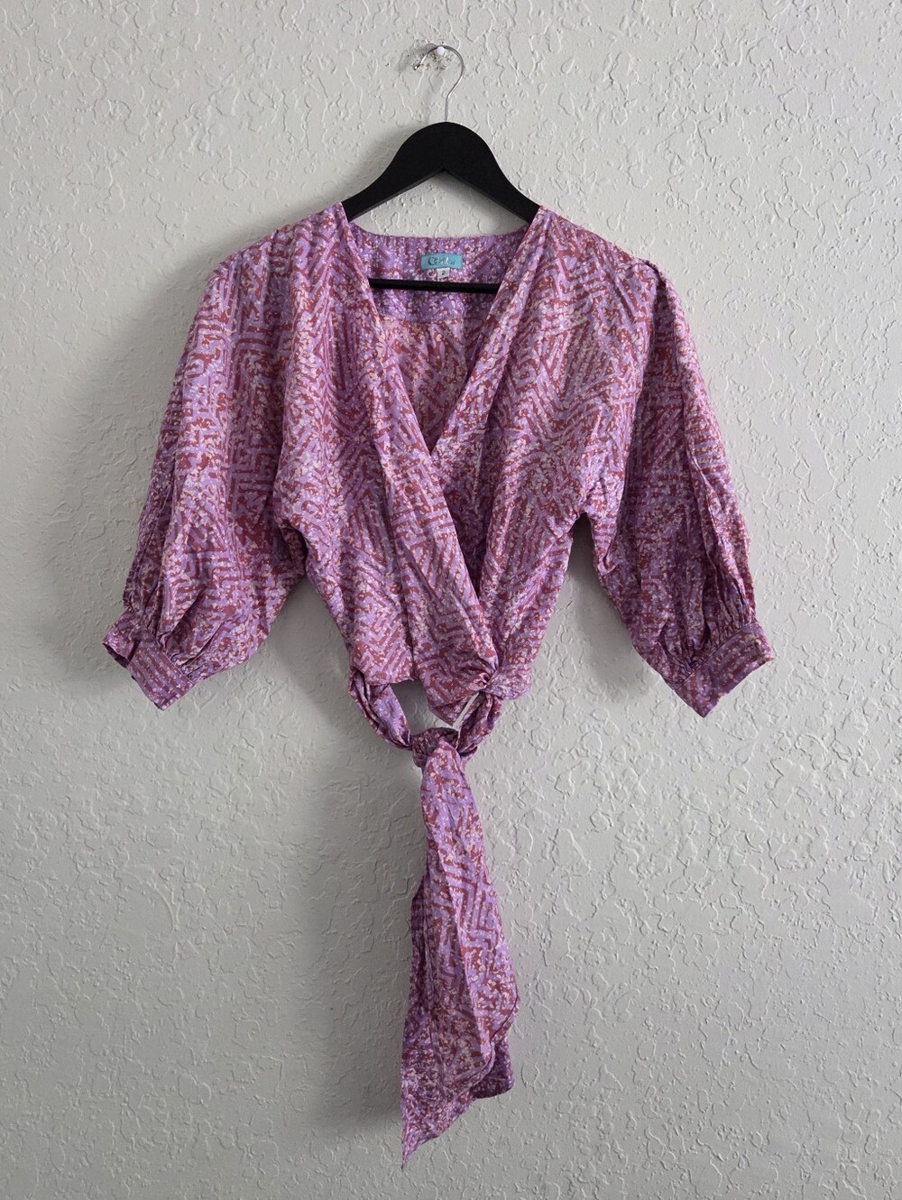 Sika Purple Abstract Wrap Crop Top African 3/4 Sleeve Blouse
